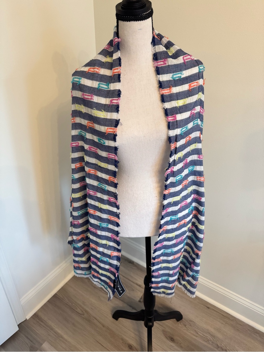 Fraas Navy Striped Scarf with Pink, Orange, Teal & Yellow Accents